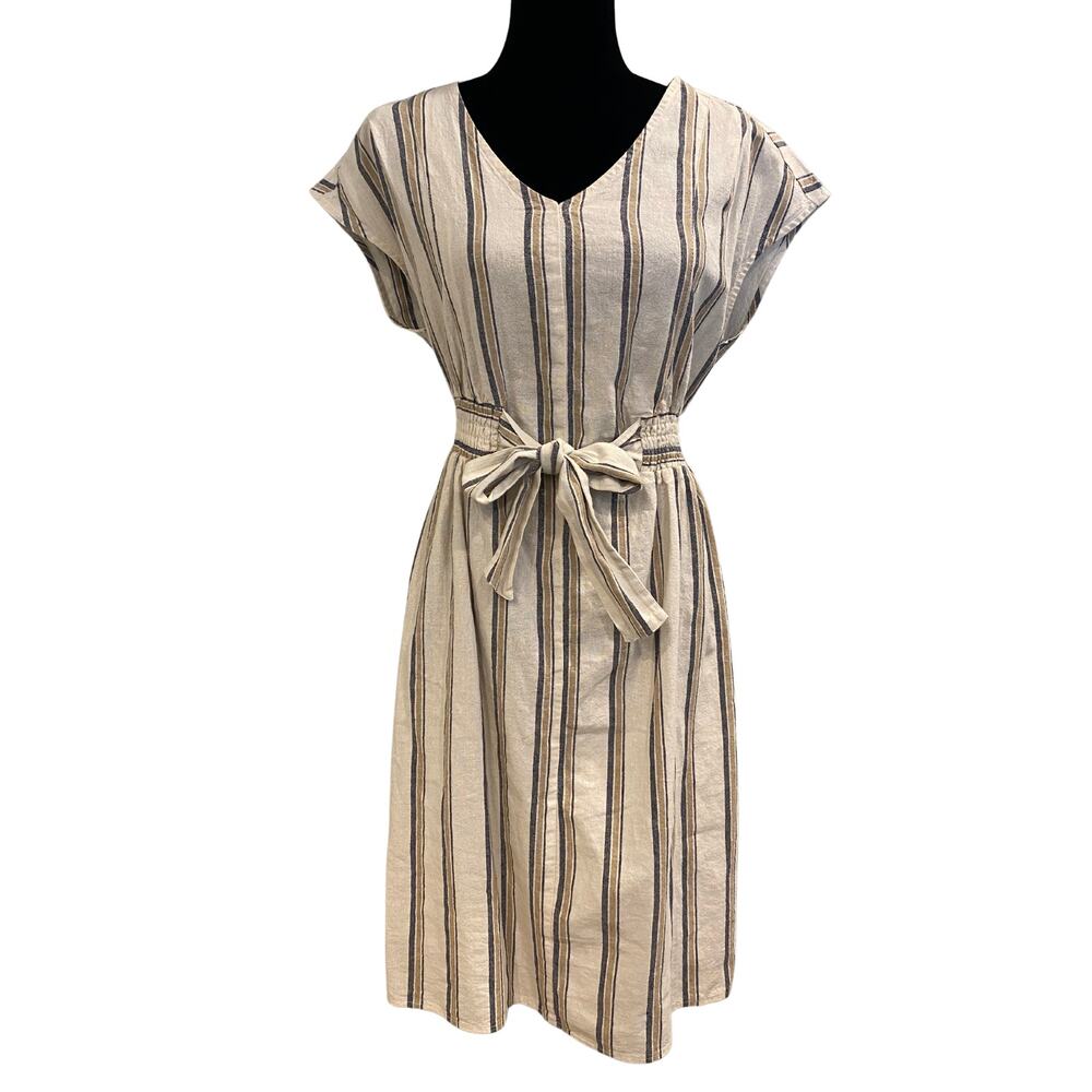 Casual Morgan Taylor Linen Blend Striped Dress Tie Waist Size Small